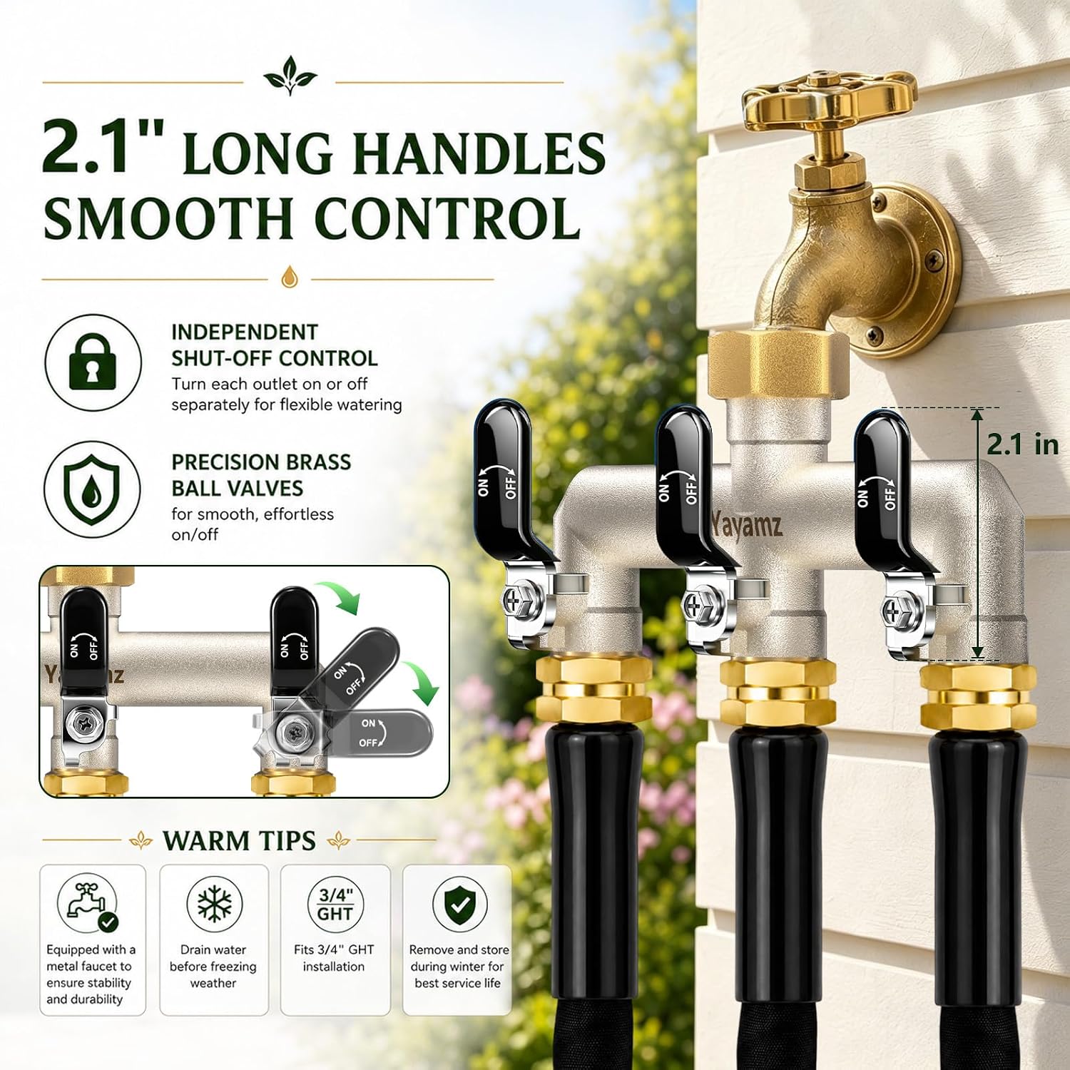 3 Way Garden Hose Splitter, 3/4" GHT Outdoor Faucet Splitter | Heavy-duty Solid Brass Body, Wide Spacing Fits Large