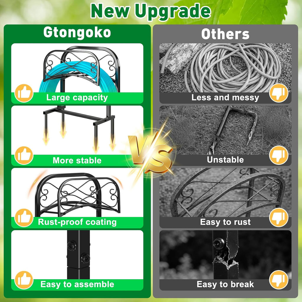 Gtongoko Garden Hose Holder for Outside 70" with 4 Prongs Base & 2 Shepherds Hooks Heavy Duty Freestanding Metal Water