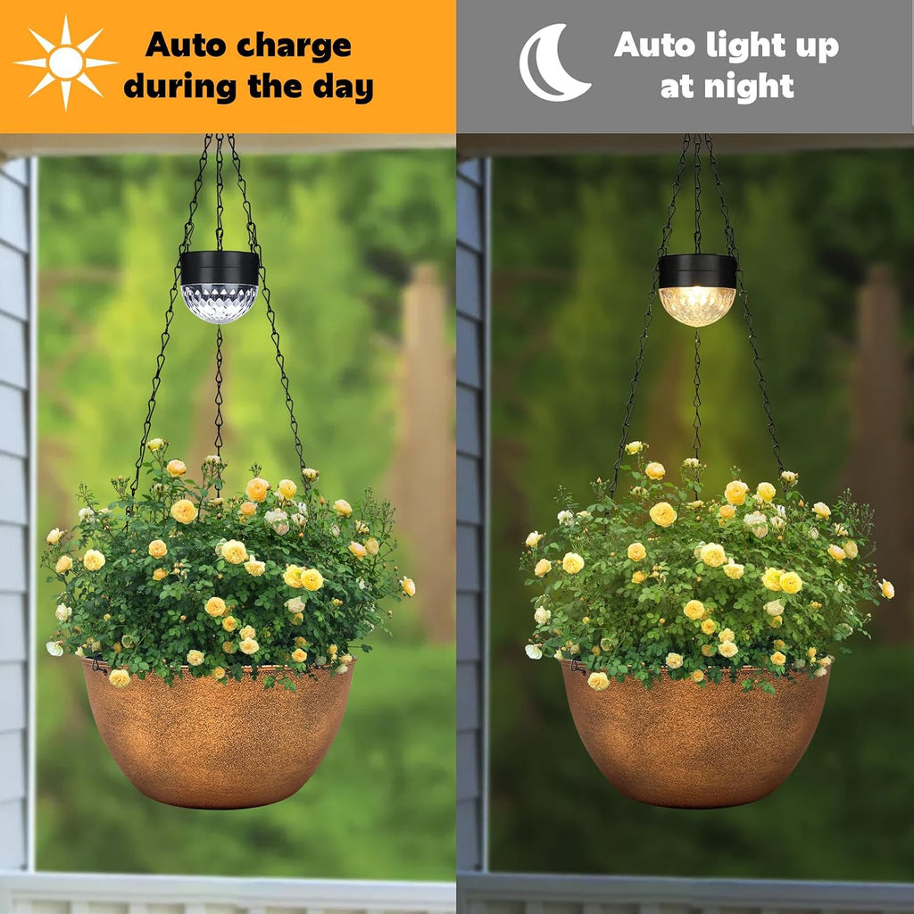 SUNNYPARK 2 Pack Solar Hanging Planters for Plants Outdoor | Self Watering, Bronze Flower Pots with Solar Light