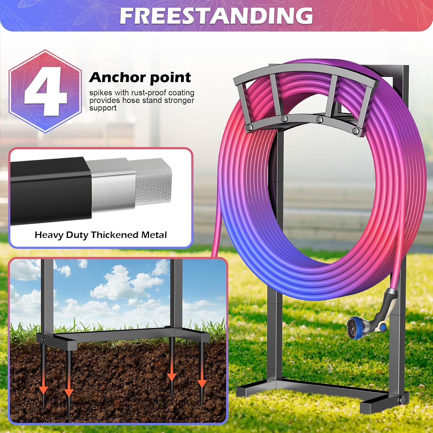 Garden Hose Holder Freestanding, Outdoor Heavy Duty Water Hose Holder Reel with 4 Spikes Holds 150-ft Water Pipe