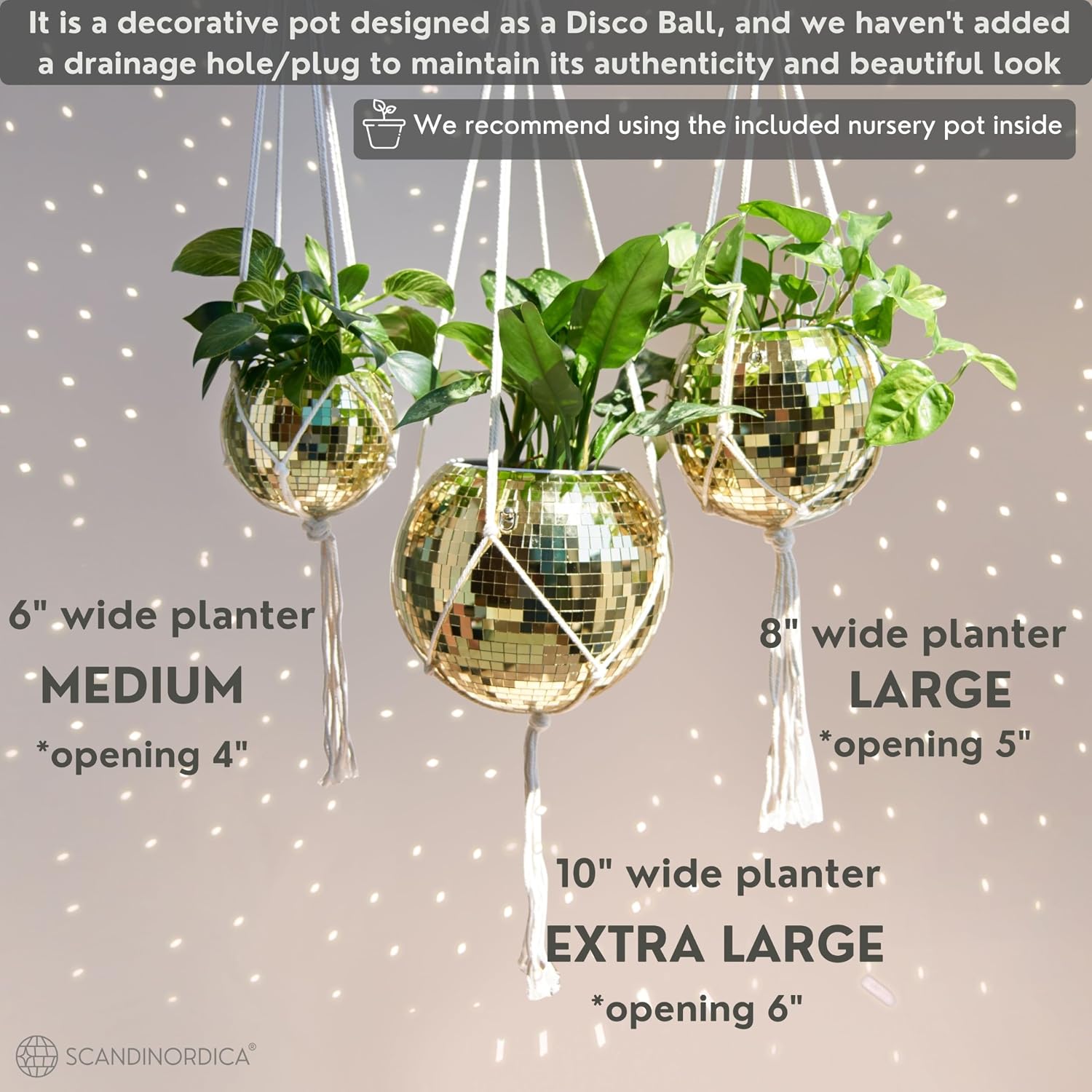 Disco Ball Planter – Value Package: Mirror Disco Planter with Chain, Macrame Hanger and Acrylic Stand for Desk