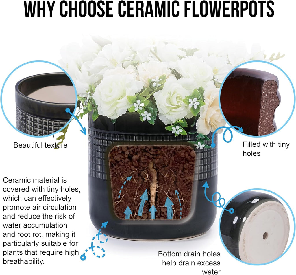 Ceramic Planter Set of 3, Graduated Size Indoor Flower Pots with Artisan Texture, Breathable Clay Plant Pots for