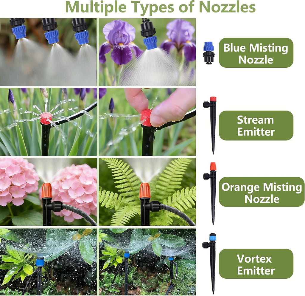 230FT Garden Irrigation System with 40 Nozzles & Emitters, Automatic Watering System with 1/2" & 1/4" Tube and Barbed