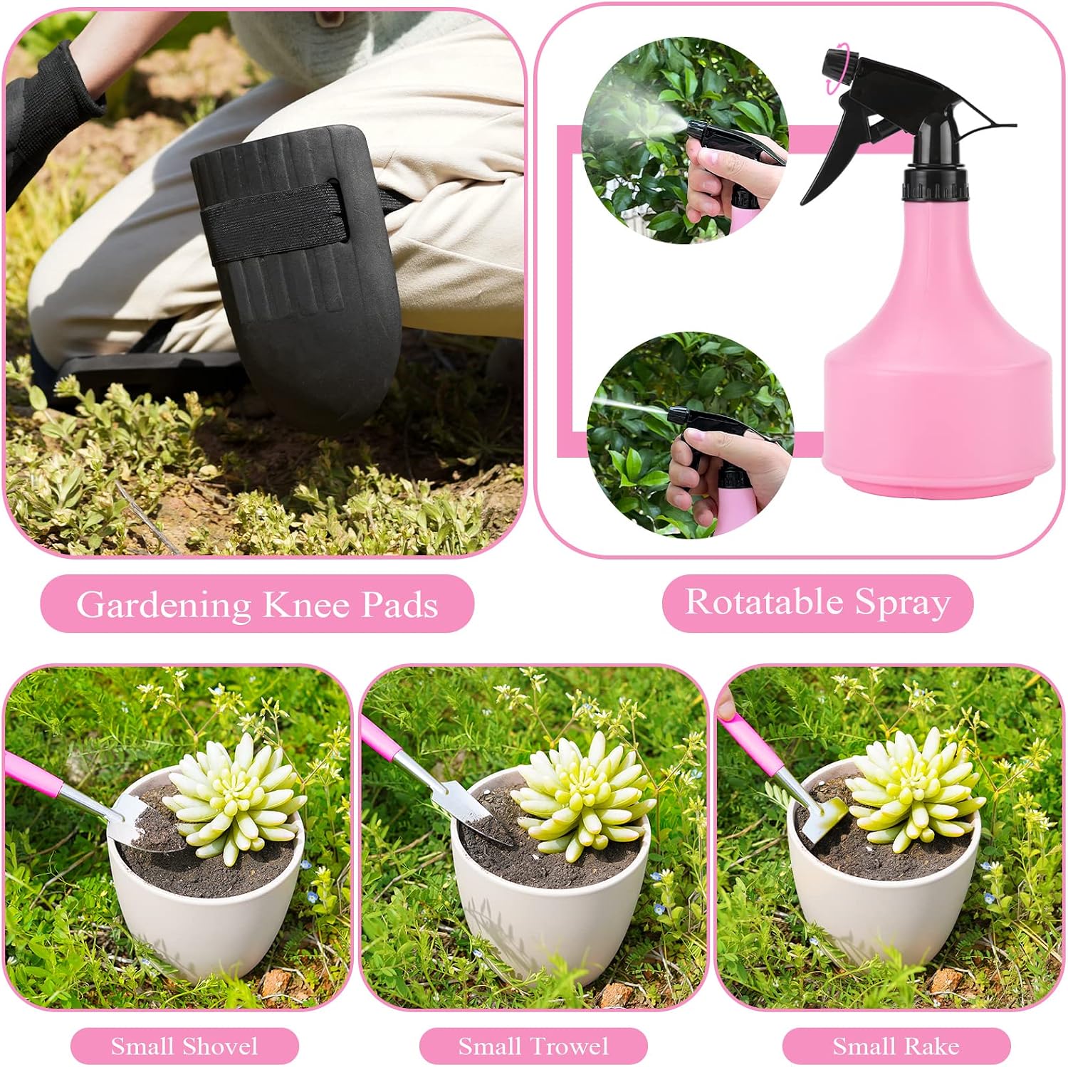 Pink Garden Tool Set Gardening Items for Women - 24PCS Heavy Duty Garden Tools with Detachable Storage Bag, Succulent