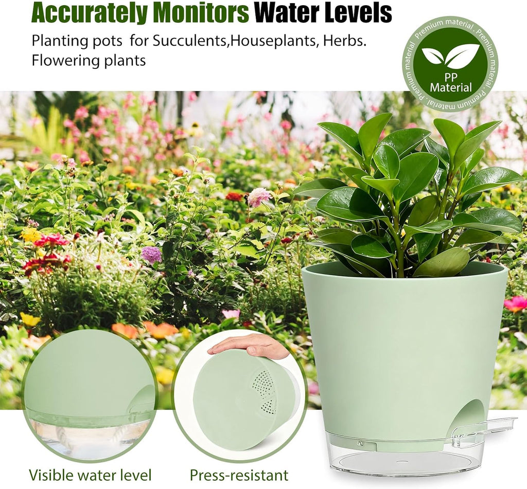 Plant Pots 4/5/5.5/6/6.5/7/8 Inch Self Watering Pots, 7 Pack Plastic Planters with Drainage Holes and Clear