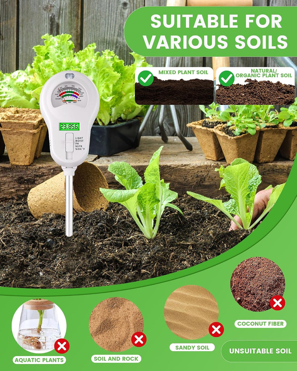 6-in-1 Soil Moisture Meter with 3 Probes, PH/Sunlight/Soil Moisture/Fertility with 3 Removable Probe, Digital Air