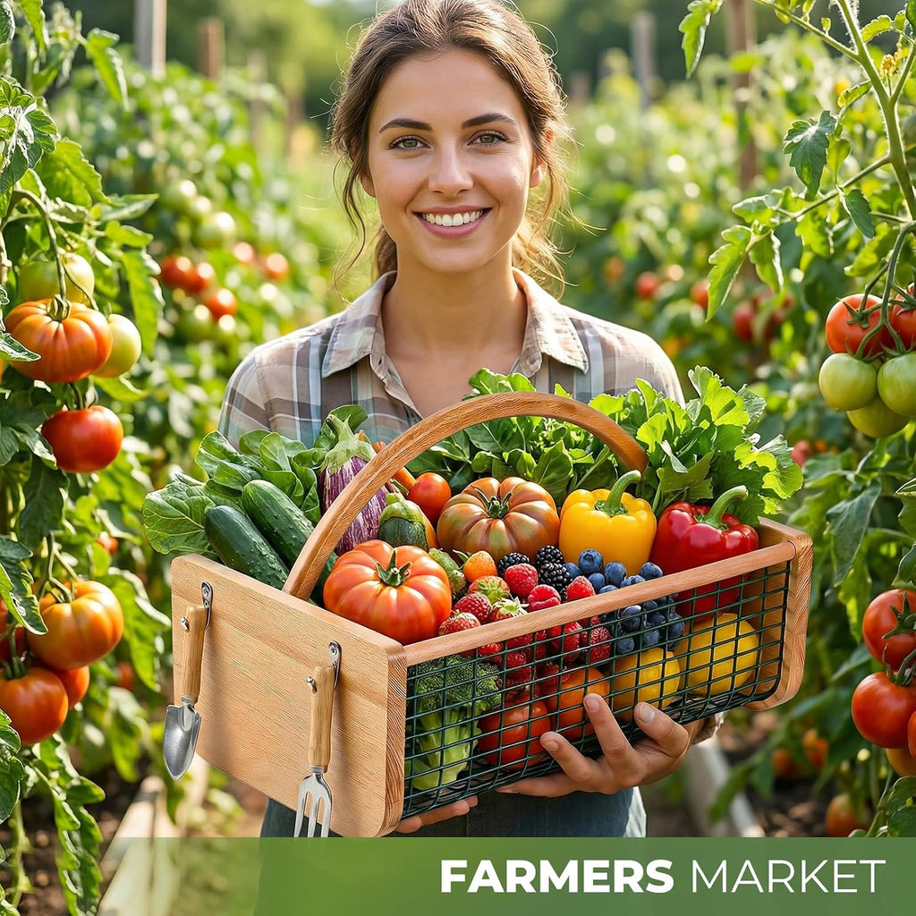 Garden Hod Harvest Basket - Durable Wooden Harvesting Basket with Metal Mesh for Vegetable Picking and Gathering