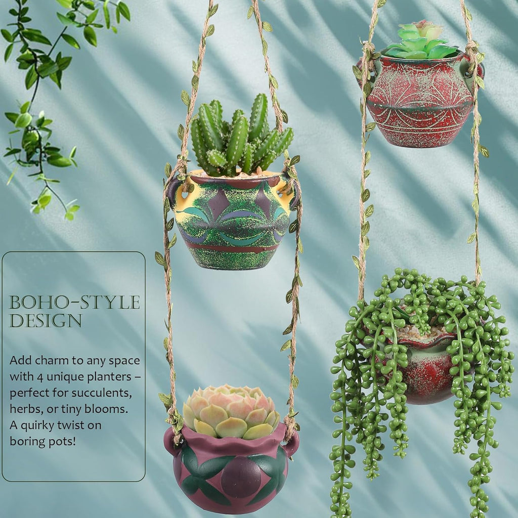 4 Piece Boho Ceramic Hanging Planters with Drainage Holes – Adorable Indoor Outdoor Succulent Flower Pots, Unique Home