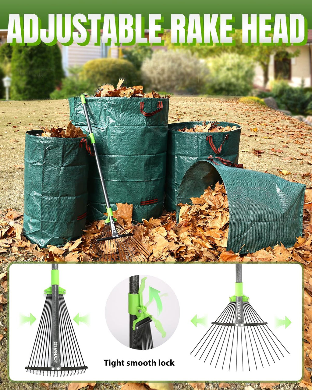 63.4 Inch Adjustable 18 Tines Metal Leaf Rake Set with 40 Gal Dustpan Bags | Adjustable garden rake, Leaf scoop set