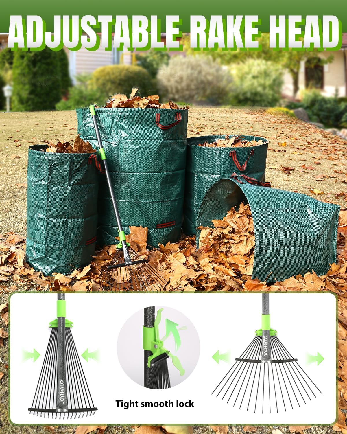63.4 Inch Adjustable 18 Tines Metal Leaf Rake Set with 40 Gal Dustpan Bags | Adjustable garden rake, Leaf scoop set