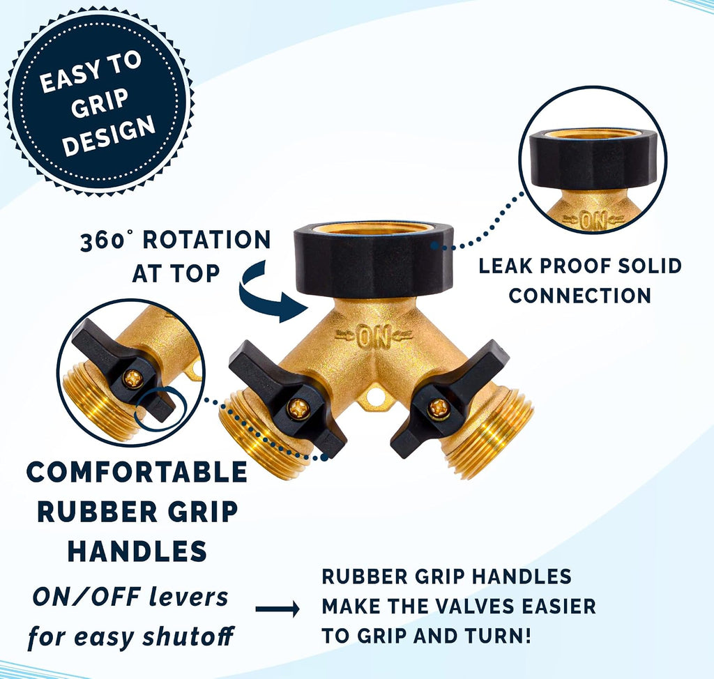 Garden Hose Splitter with Comfortable Rubber Grip Shut Off Valves, Heavy Duty Brass Connector, Water Tap, Y Splitter, 2