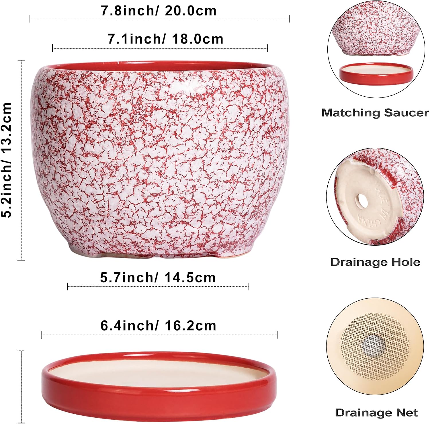 SQOWL Ceramic Pots for Plants - 8 inch Indoor Planter with Drainage Hole and Tray, Ceramic Flower Pot Outdoor, Round