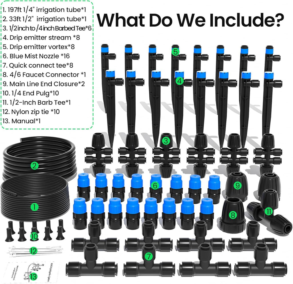 MIXC 230FT Quick-Connect Drip Irrigation System Kit, Automatic Garden Watering System with 1/4" & 1/2" Fast-Lock Tubing