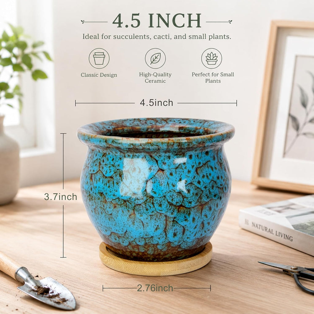 ARTKETTY Succulent Pots, 4.5'' Small Plant Pots with Drainage Tray | Glazed Flower Pots Set of 4, Ceramic Pots for