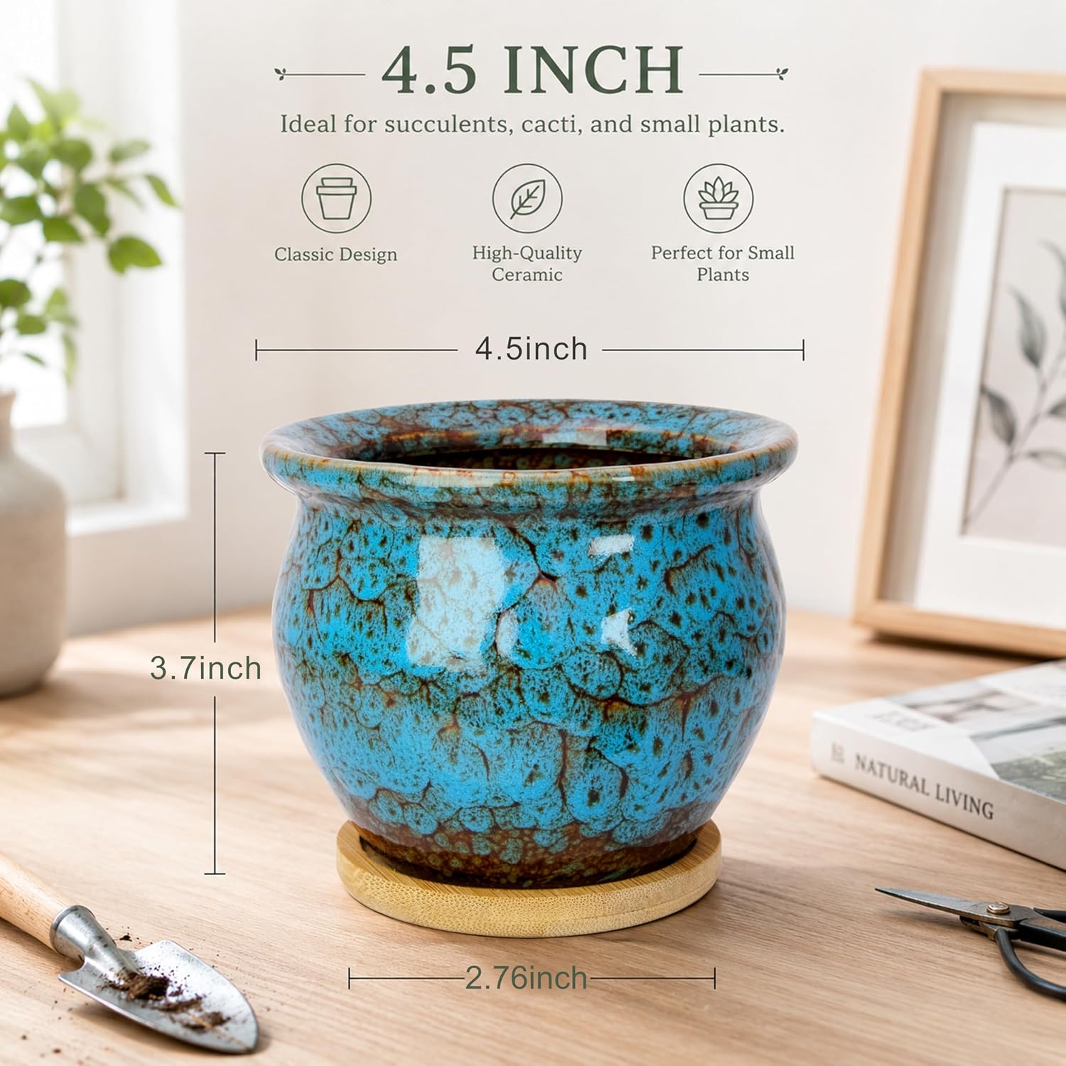 ARTKETTY Succulent Pots, 4.5'' Small Plant Pots with Drainage Tray | Glazed Flower Pots Set of 4, Ceramic Pots for