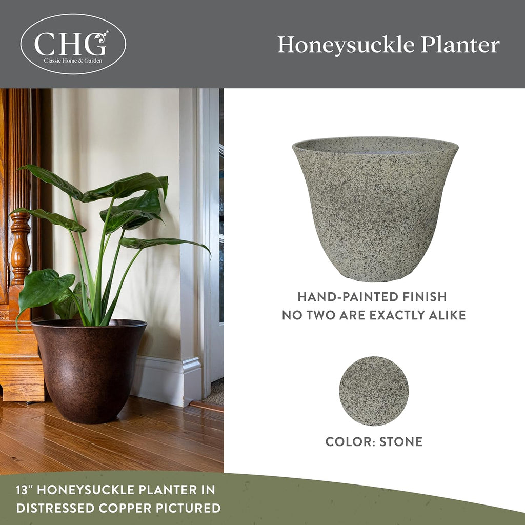 Honeysuckle Resin Planter, Durable Garden Pot, 15" Stone | Hand-Painted Finish Plant Pots, Lightweight Indoor Outdoor