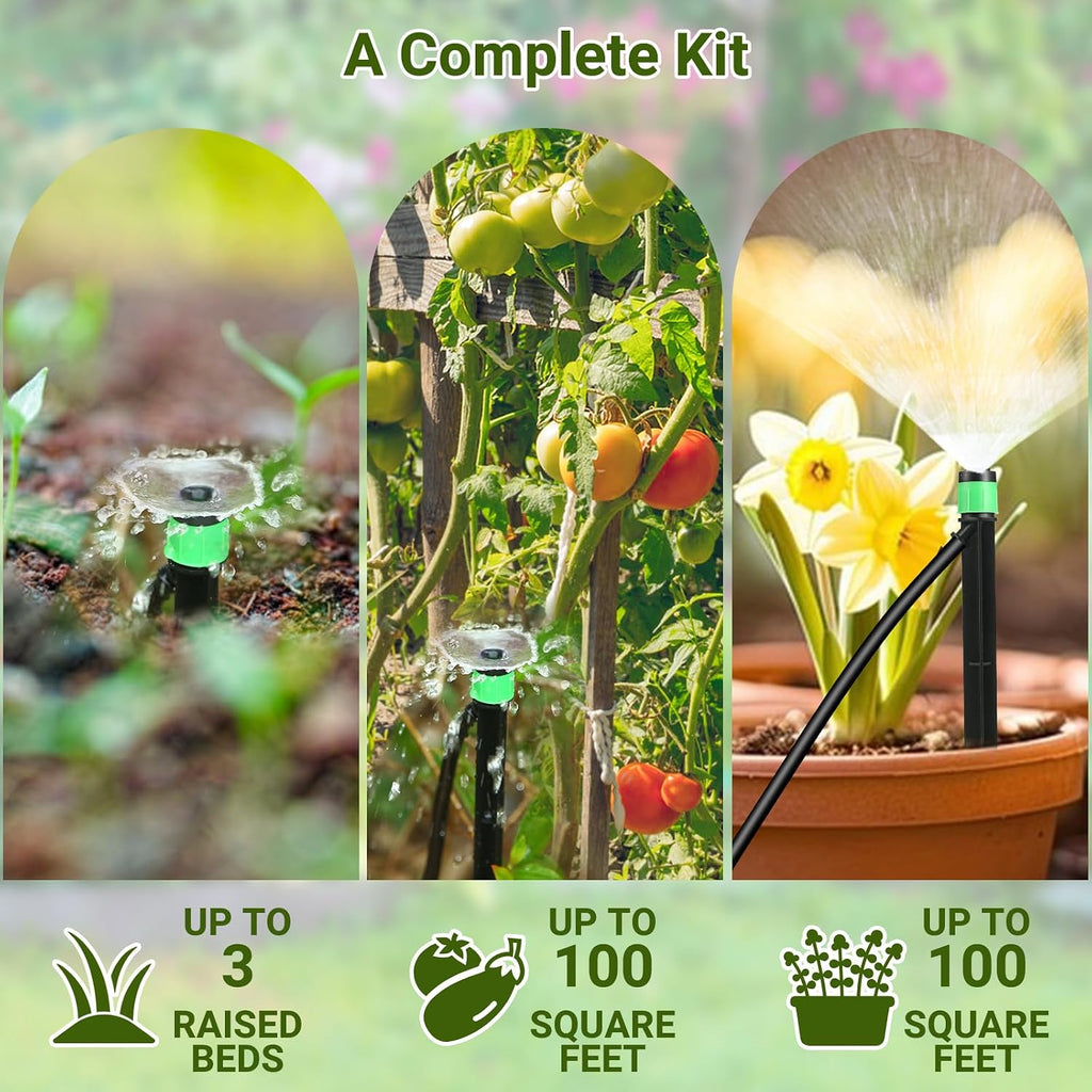 Drip Irrigation Kit for Garden, Raised Beds, Lawn - Adjustable Watering System with Drip Emitters, 5/16" & 1/4" Tubing