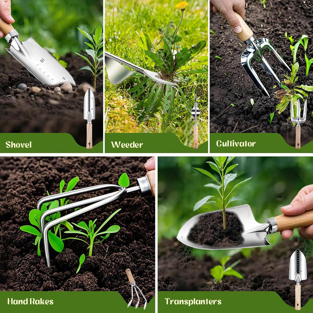 Garden Tools 9 Pcs Heavy Duty Gardening Tool Set Green Tote Bag Men Women | 9-Piece Gardening Gifts, Rust-Proof