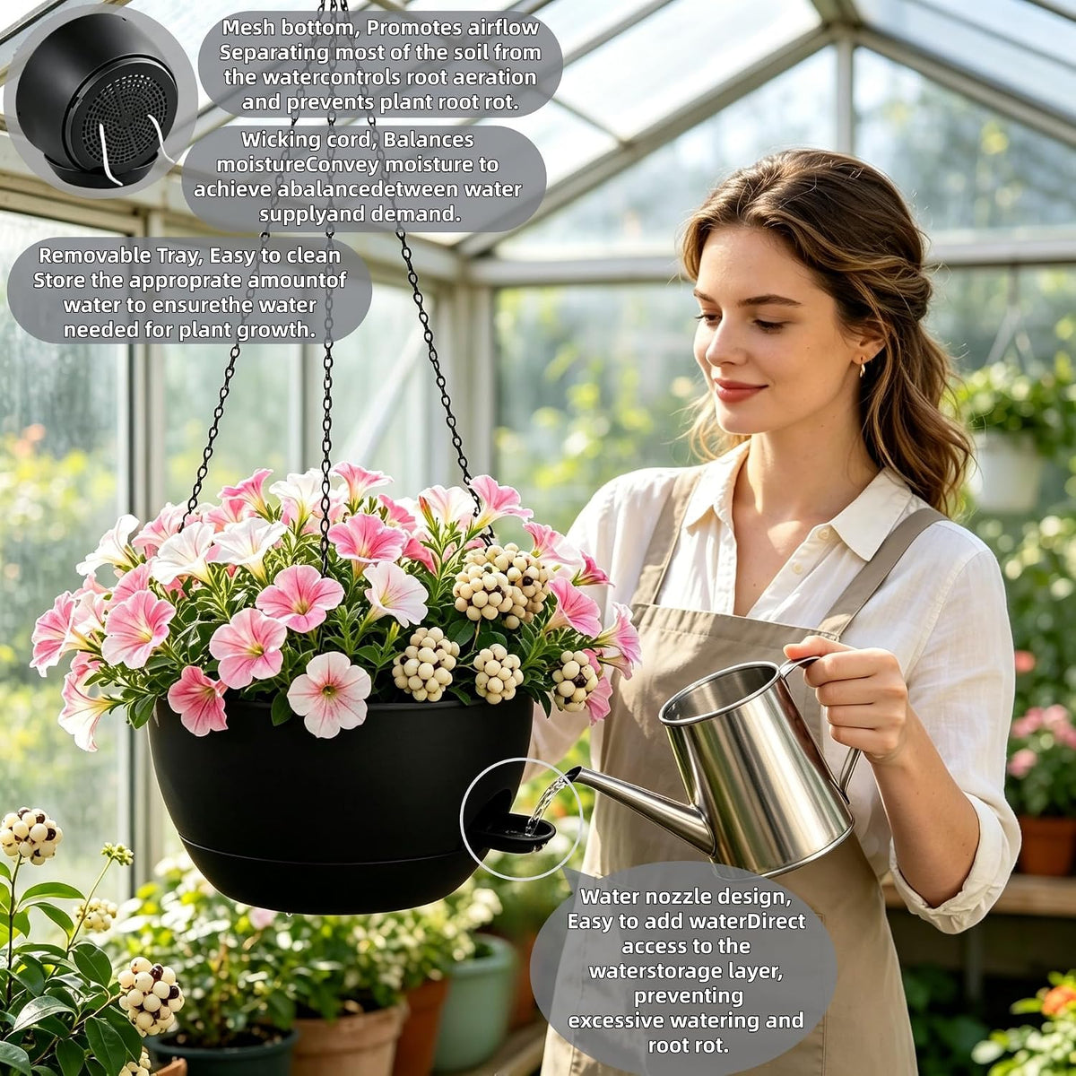 12" Self Watering Hanging Planters with Chains, Black, 2 Pack | 43 Oz removable self-watering reservoir, for