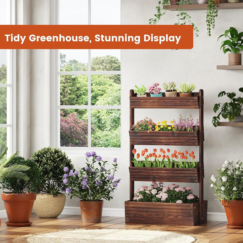 GHWIE Wooden Garden Planter Box, Raised Bed with Vertical Plant Rack, Indoor Outdoor Flower Herb Vegetable Stand