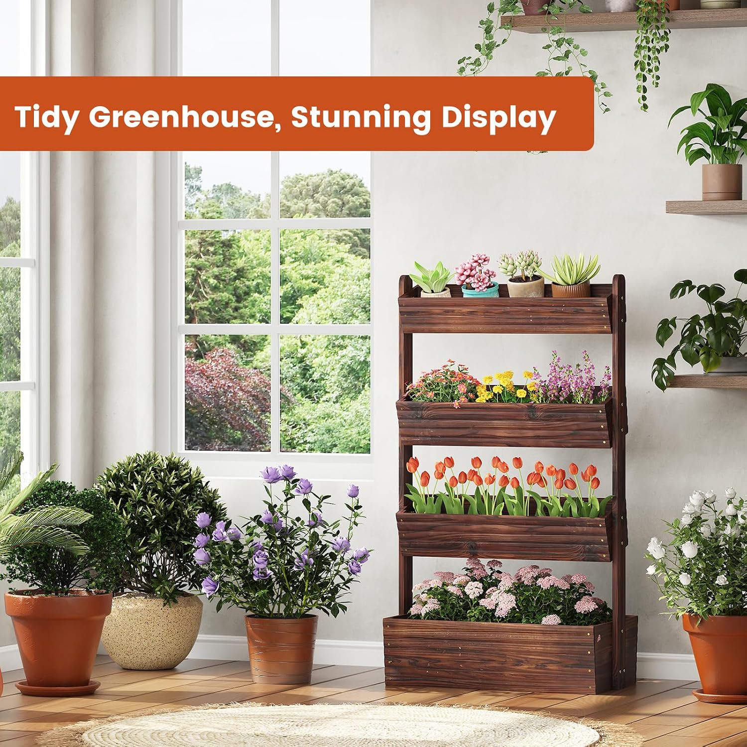 GHWIE Wooden Garden Planter Box, Raised Bed with Vertical Plant Rack, Indoor Outdoor Flower Herb Vegetable Stand