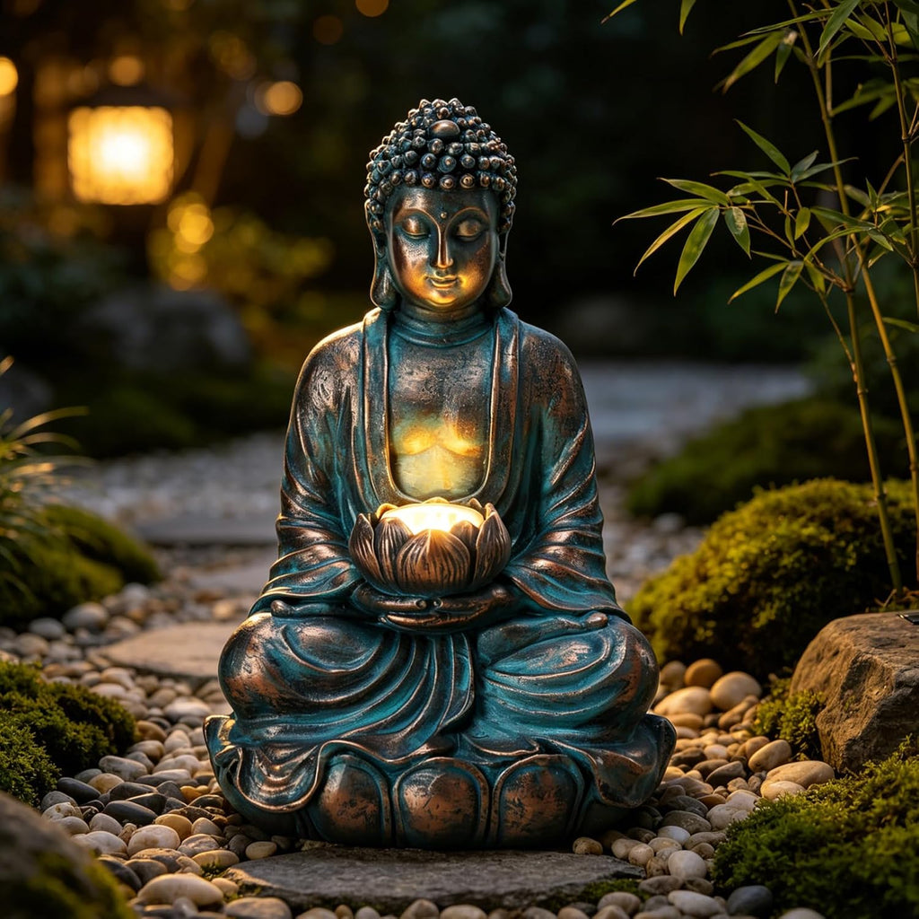 Bshine Buddha Statue Outdoor Solar Light with Lotus Lamp, Zen Garden Decor | Waterproof Buddha Garden Statues with