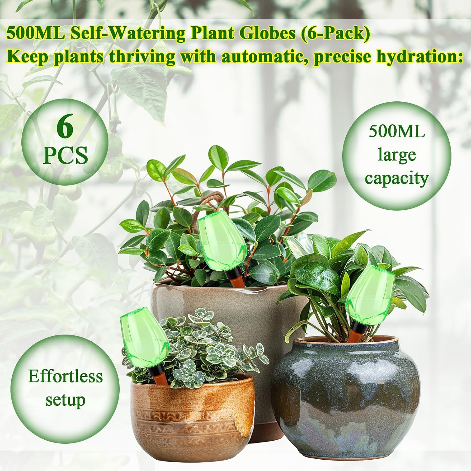 6Pcs 16.9 oz Large Plant Self-Watering Globes Top Fill Plastic Water Bulbs | Slow-Release Terracotta Self-Watering