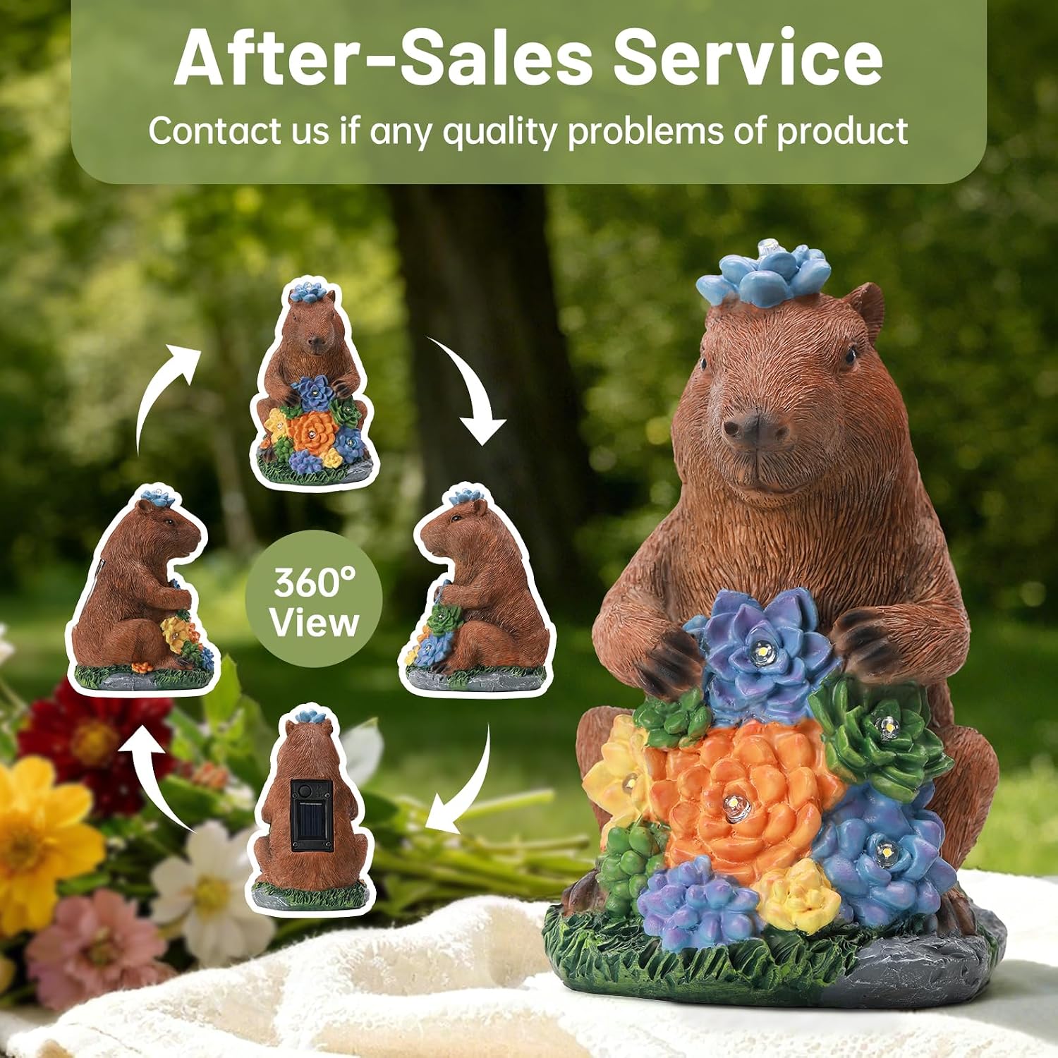 Solar Capybara Garden Statue with Flower LED Lights, Resin Capybara Garden Decor, Outdoor Statue, Patio, Yard, Pond