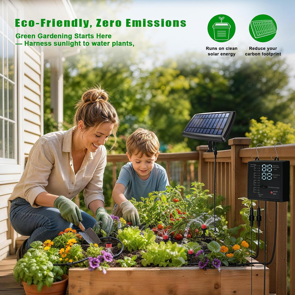 Irrigation System for Garden with Solar Panel, Automatic Drip Irrigation Kits 49FT Hose, Smart Timer Solar Irrigation