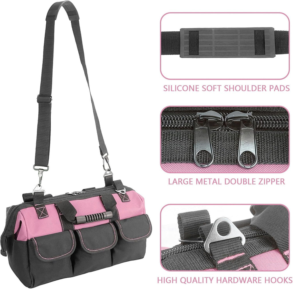 Garden Tools Bag 16inch Wide Mouth Women's Tool Bag with Molded Base and Plastic-Padded, Inside Pockets for Tool