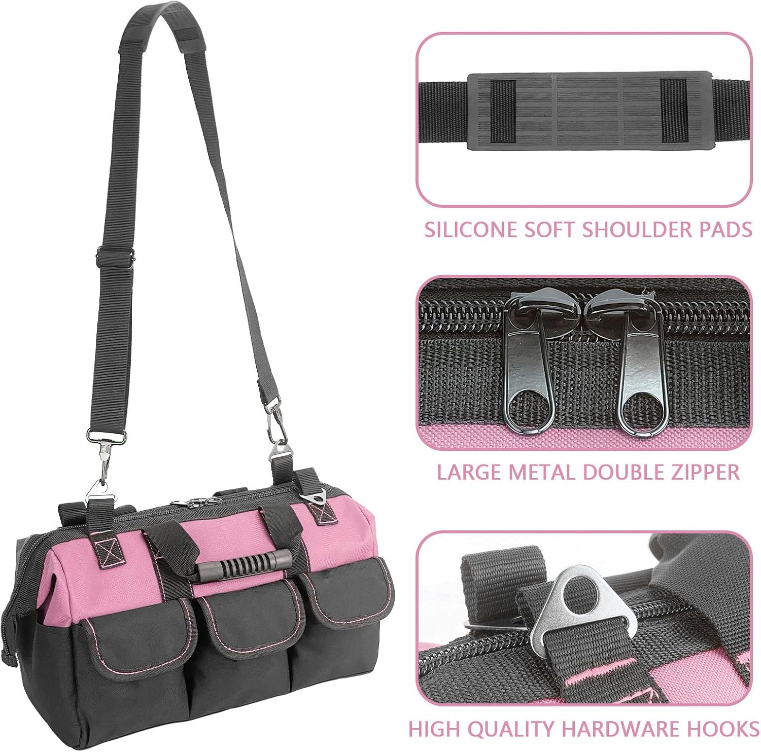 Garden Tools Bag 16inch Wide Mouth Women's Tool Bag with Molded Base and Plastic-Padded, Inside Pockets for Tool