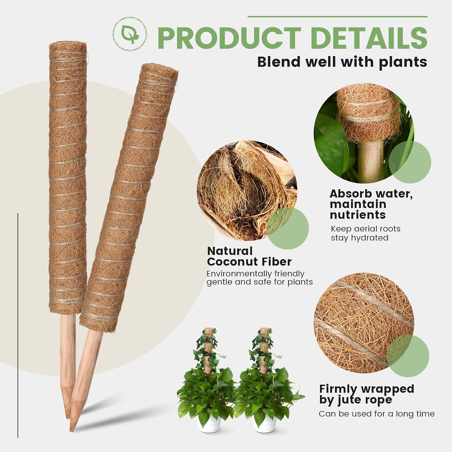 Yinder 50 Pcs Moss Pole for Plants Monstera Plant Support 16.5 Inch Coir Poles Bendable Monstera Plant Support with 10