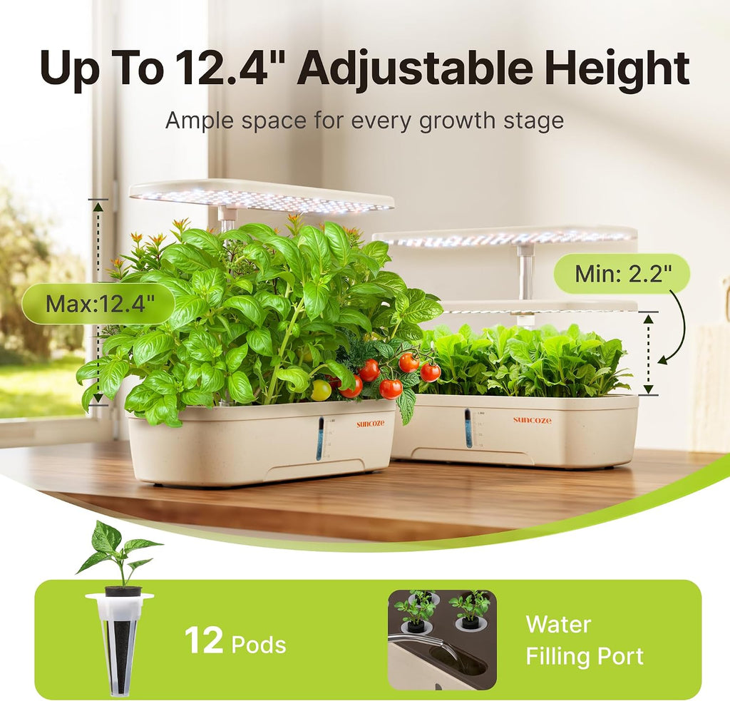Hydroponics Growing System, 12 Pods, 12.4 in Adjustable Height | Indoor herb Garden with 20W LED Grow Light, Visible
