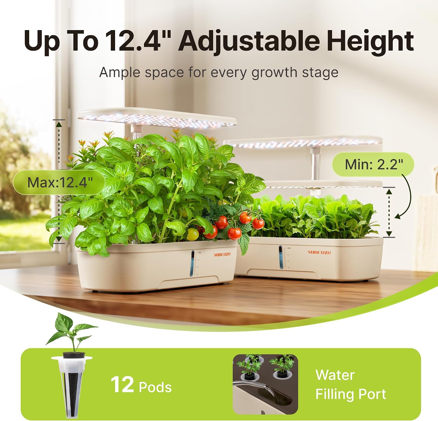 Hydroponics Growing System, 12 Pods, 12.4 in Adjustable Height | Indoor herb Garden with 20W LED Grow Light, Visible