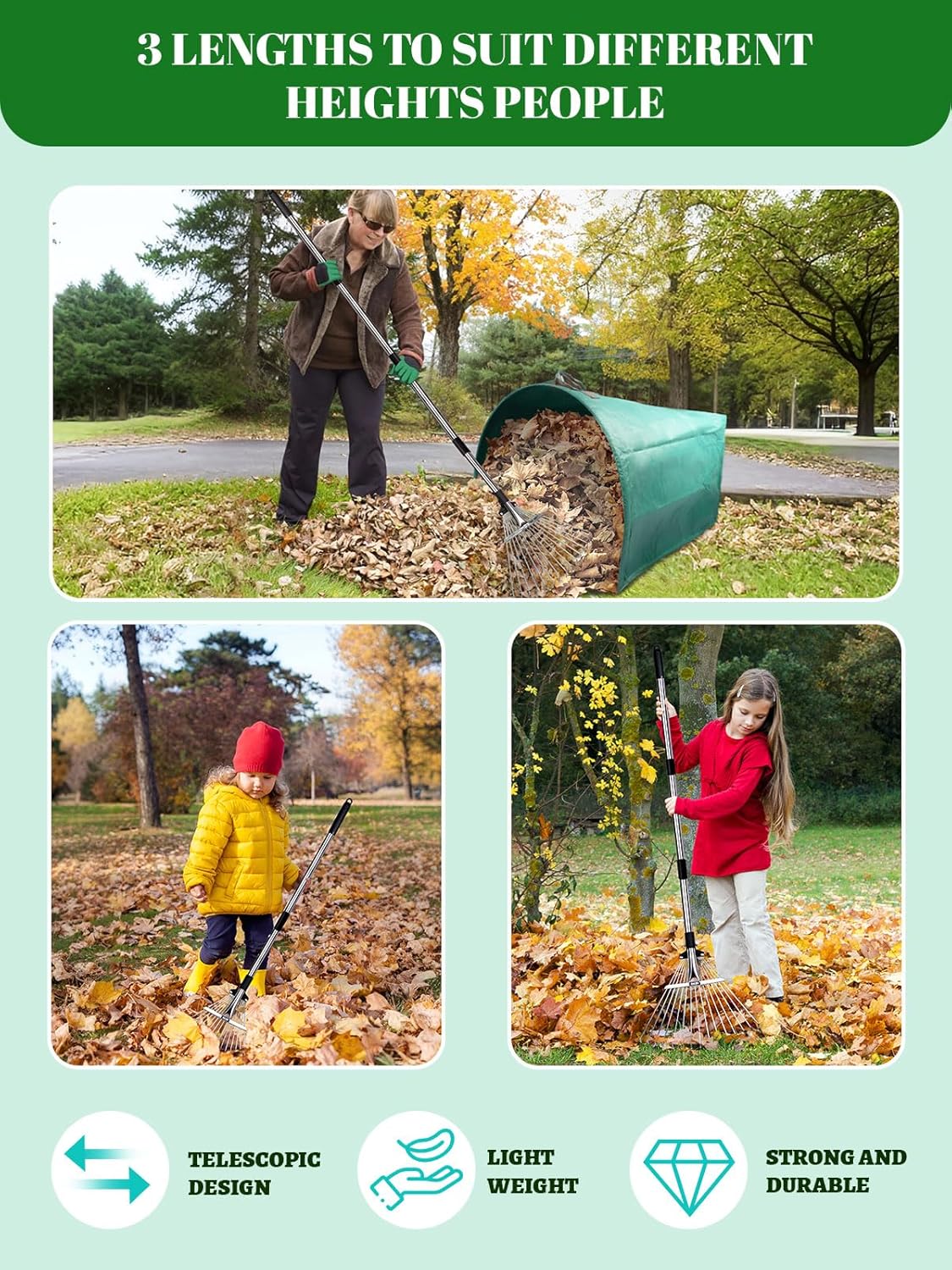 Adjustable Metal Leaf Rake Set Garden Rake for Leaves Long Handle 37"-63" Expandable Head Gardening Tools Set Includes