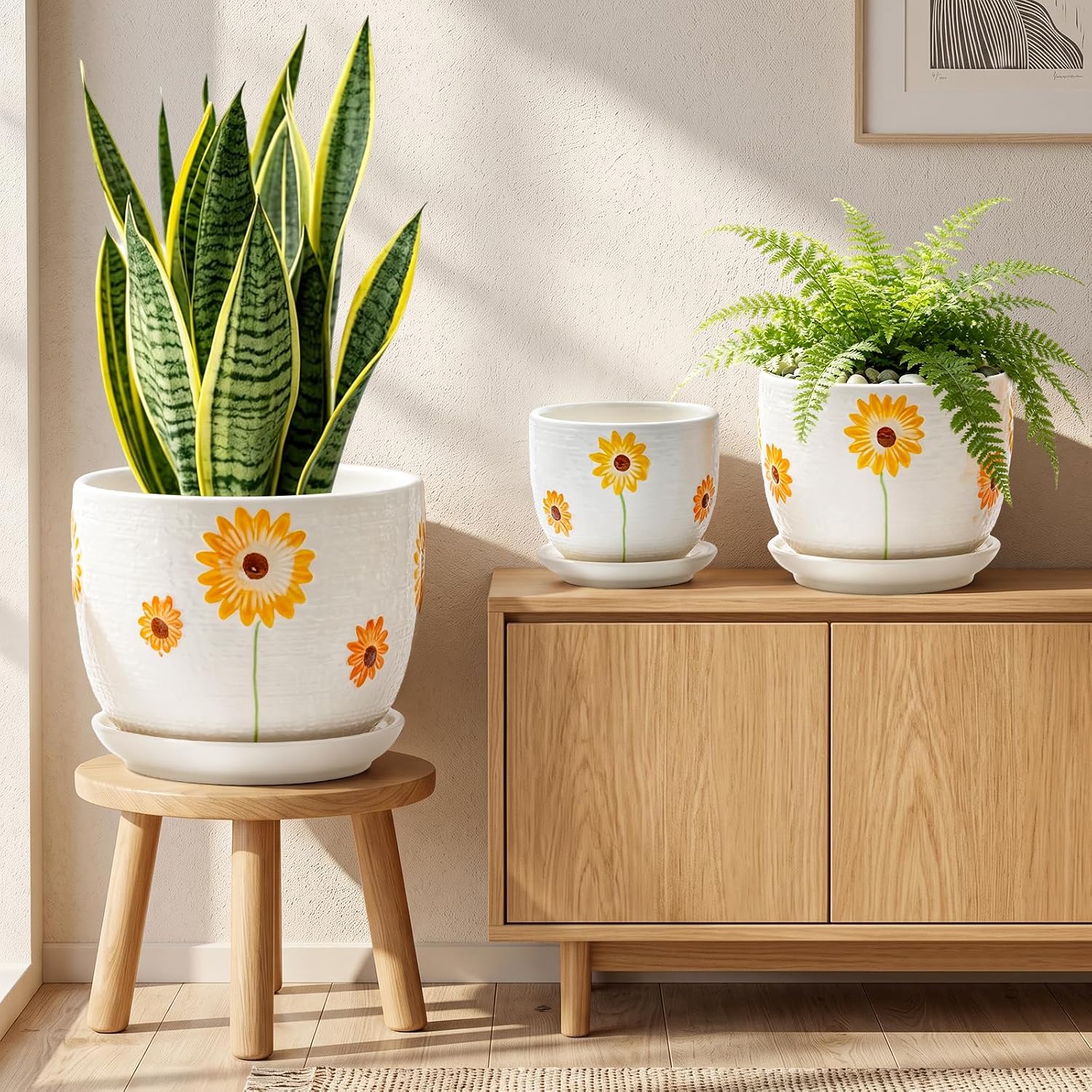 Ceramic Plant Pots,Sunflower Planters with Drainage Holes & Matching Saucer | Ceramic Flower Pot for Indoor Plants
