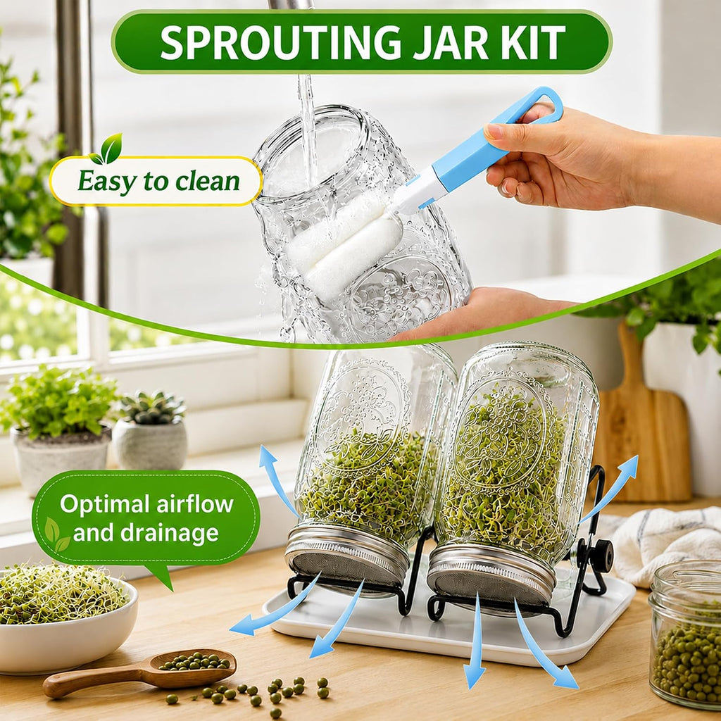 Sprouting Jar Kit,2pcs 1000ml Wide-Mouth Mason Jars with 316 Stainless Steel Sprouting Lids