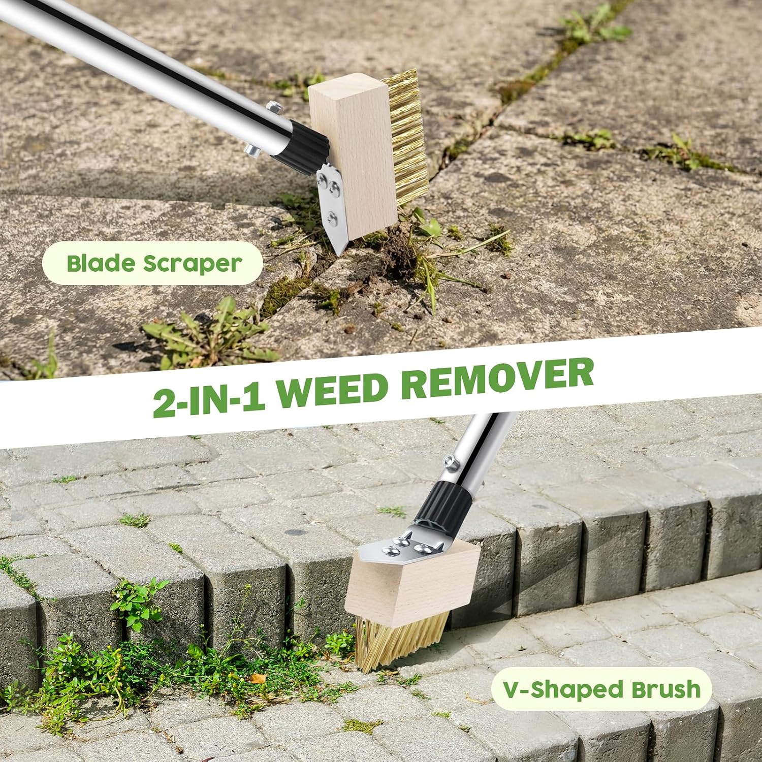 PIMEKOY Crack Weeder Tool Set, 3 Different Weed Remover Tool Head for Paver | 60" Long Handle Weed Scraper Tool, Moss