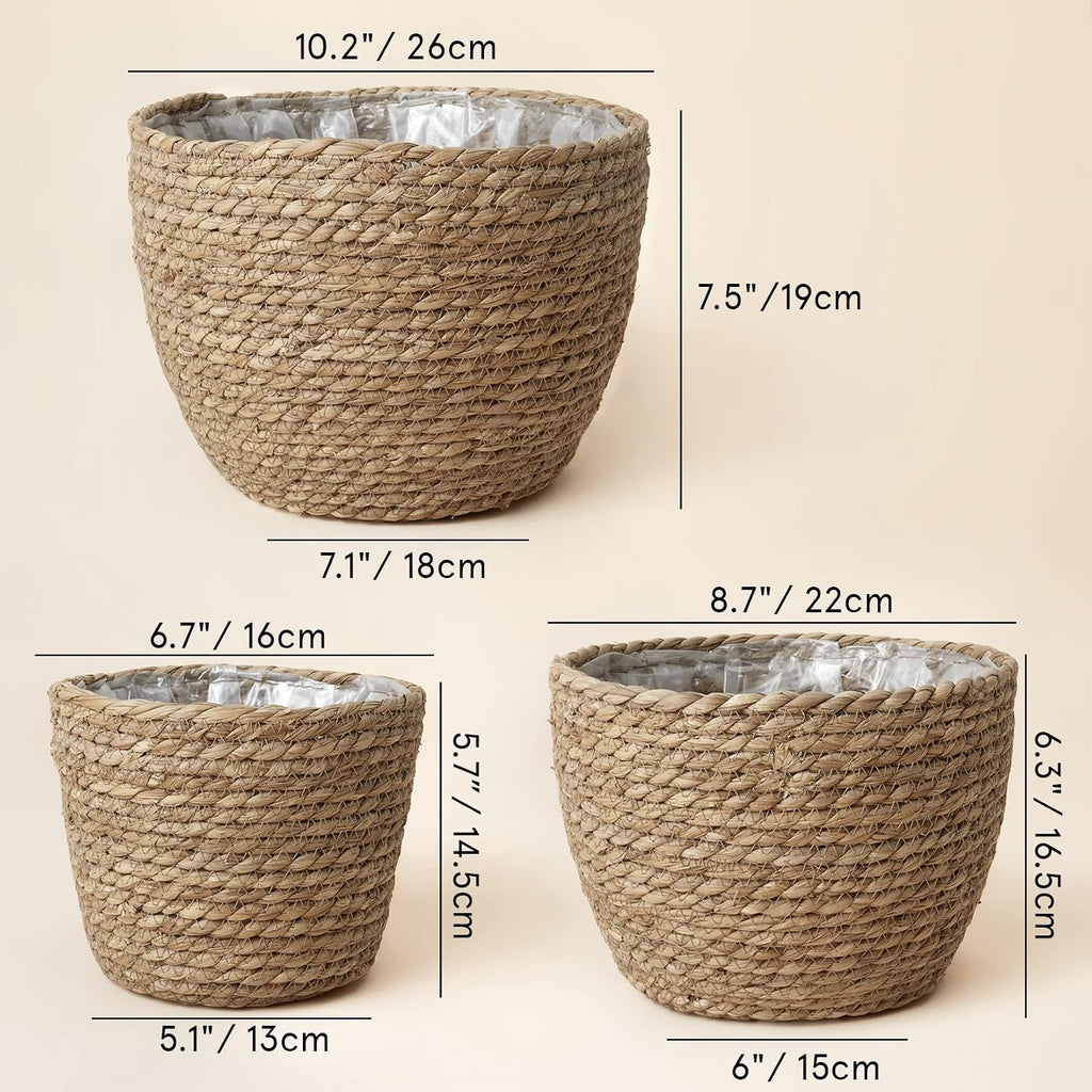 LA JOLIE MUSE Seagrass Basket Planters for Indoor Plants, Flower Pot 3 Pack | 10.2+8.7+6.7 Inch, Handwoven Natural