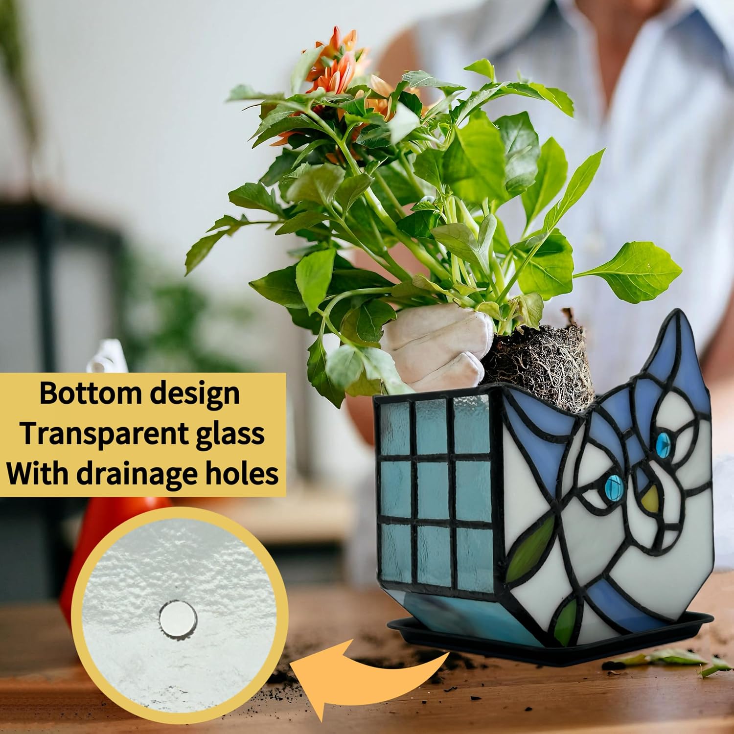 Stained Glass Cat Flower Pot,Cute Pots for Plants,Small Plant Pot with Unique Cat Face Design,Tiltable Terrarium