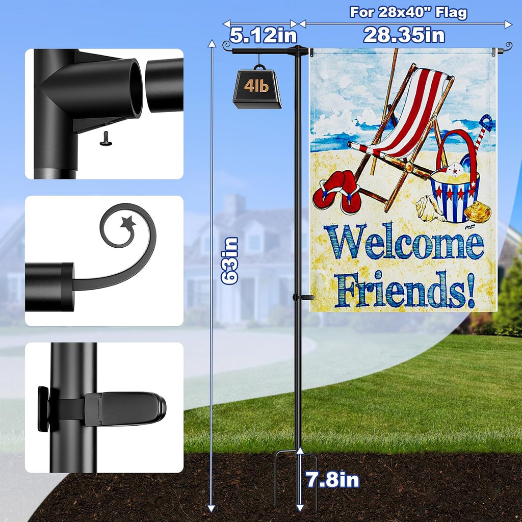 Garden Flag Stand, 63" Stainless Steel Garden Flag Holder | 5/8" Thick Stainless Steel, Weatherproof Ground Stand, Fits