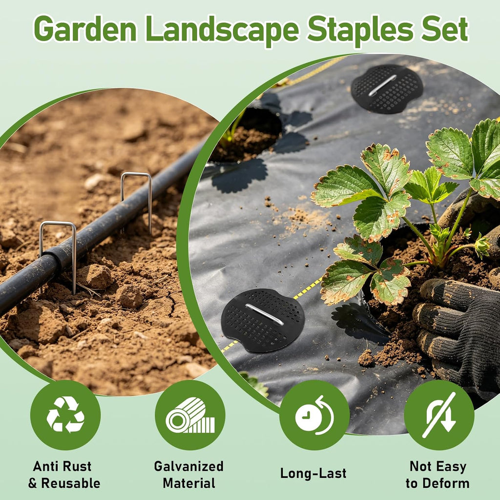 200Pcs Garden Stakes Staples Kit, 100Pcs 6 Inch U-Shaped Landscape Staples, 100Pcs Fixing Gasket for Weed Barrier