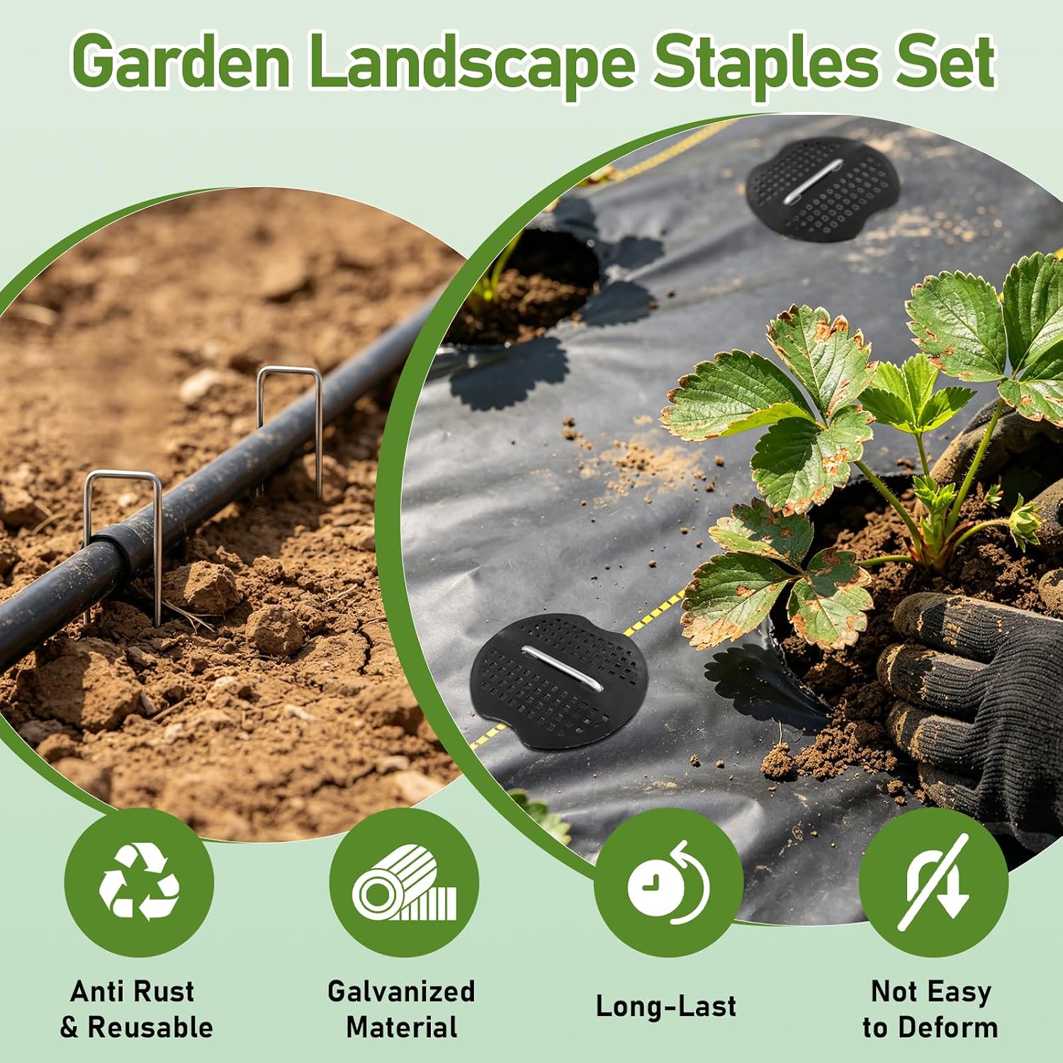 200Pcs Garden Stakes Staples Kit, 100Pcs 6 Inch U-Shaped Landscape Staples, 100Pcs Fixing Gasket for Weed Barrier
