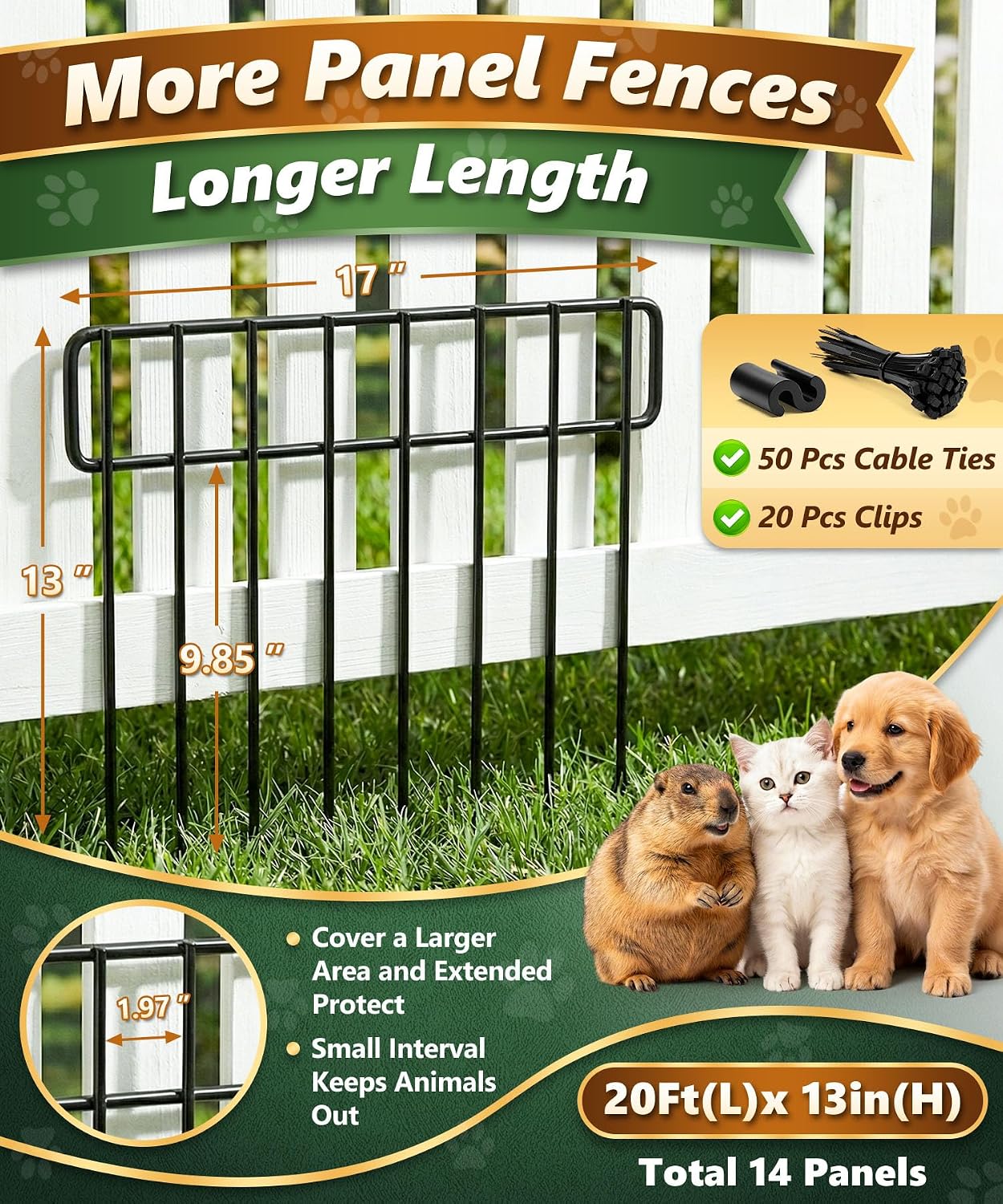 HIHADUUM 20Ft(L) X 13Inch(H) Animal Barrier Fence - 14 Pack Garden Fence Panels, Metal Garden Edging Fence Border No
