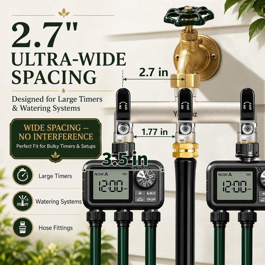 3 Way Garden Hose Splitter, 3/4" GHT Outdoor Faucet Splitter | Heavy-duty Solid Brass Body, Wide Spacing Fits Large