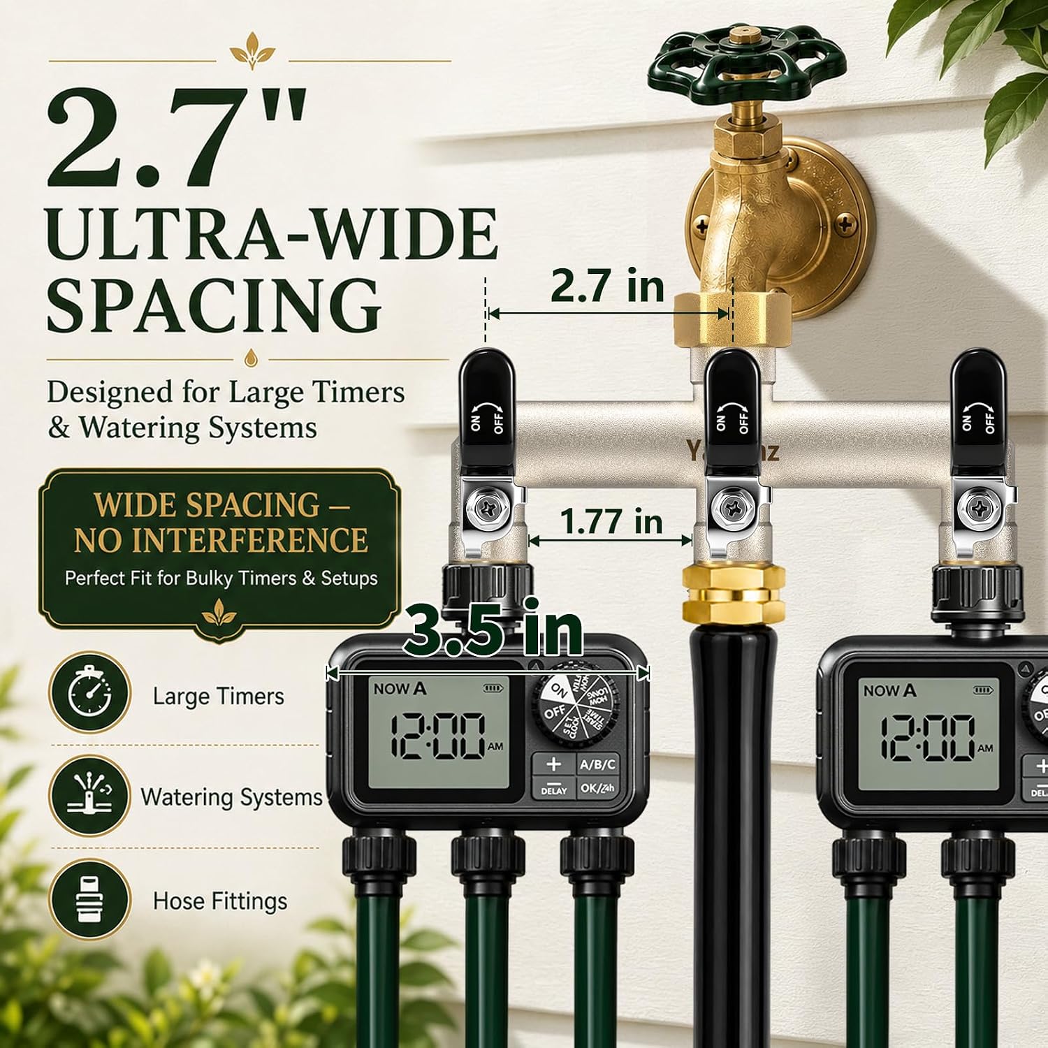 3 Way Garden Hose Splitter, 3/4" GHT Outdoor Faucet Splitter | Heavy-duty Solid Brass Body, Wide Spacing Fits Large