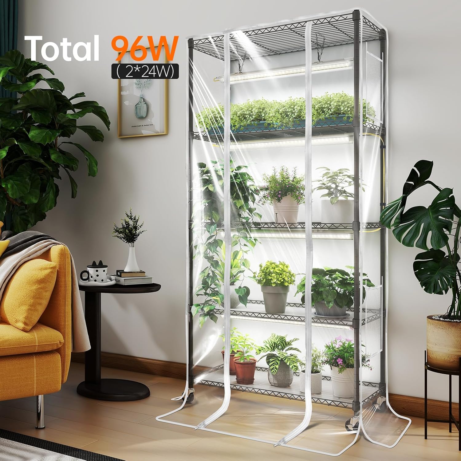 4-Tier Indoor Greenhouse with Grow Light, 29.5x13.8x59in | 4-Tier Indoor Greenhouse Cabinet, 4-Pack Full Spectrum Plant