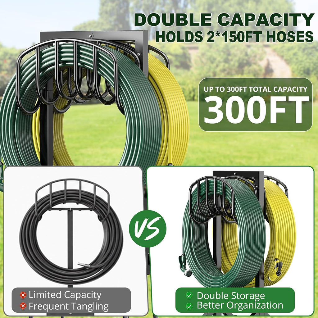 HeroicLion Garden Hose Holder Holds 2 x 151FT Hoses, Heavy-Duty Metal Freestanding Hose Stand Hanger with Stable Base