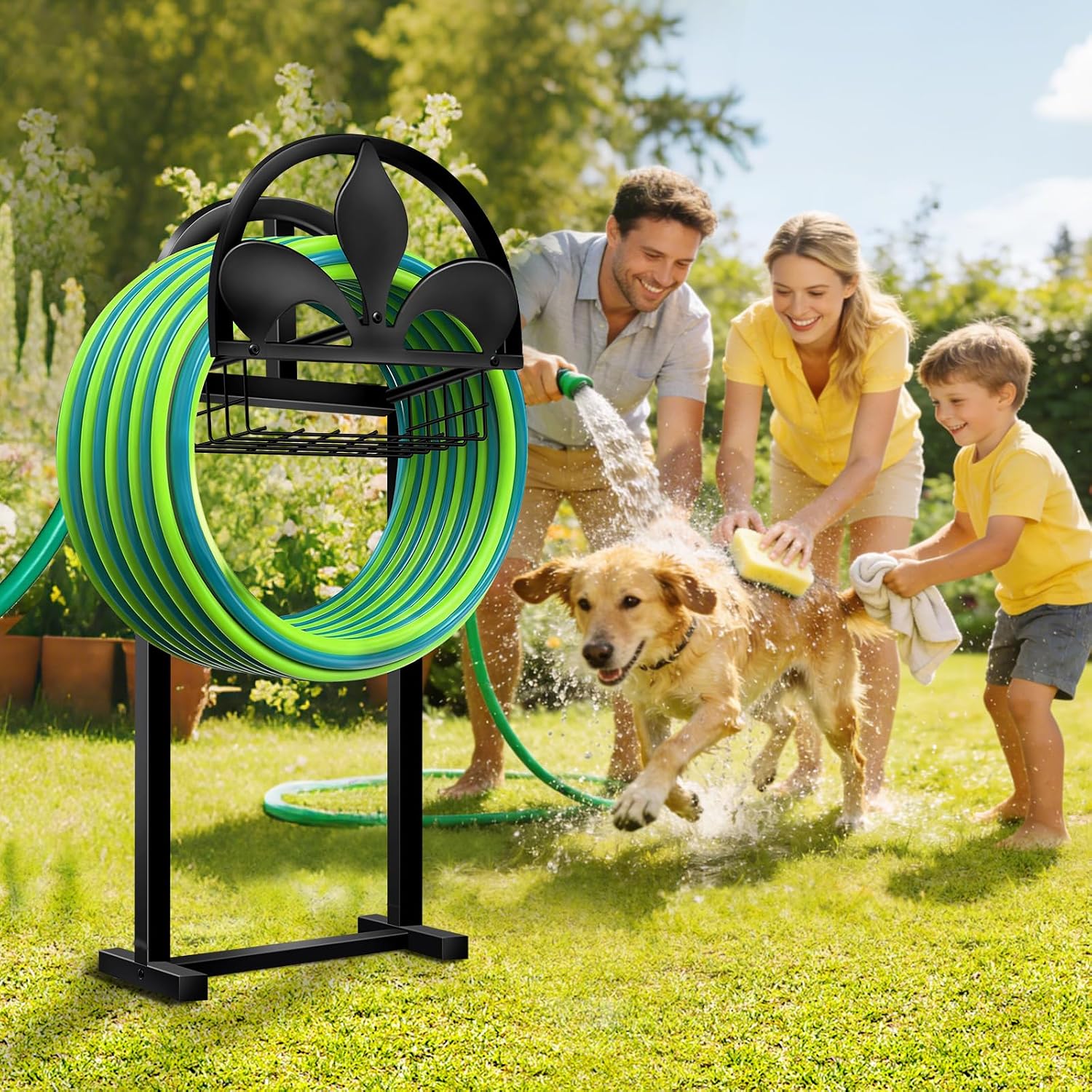 Garden Hose Holder, Water Hose Holders Stand Holds 160-Feet Freestanding Hose Reel Storage Hanger Rack for Outside Yard