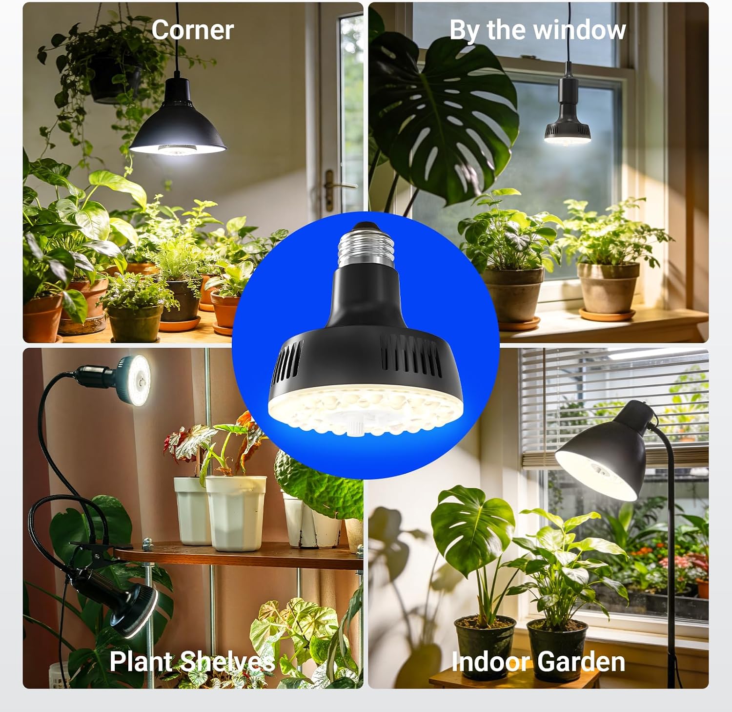 Barrina OG11A Grow Light Bulbs for Indoor Plant, 4000K 11W, 4 Packs, Black | Integrated Dimming & Timing, E26 Plant